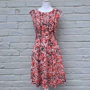 London Times Floral Fit & Flare Dress Coral Black White Piping Size 4